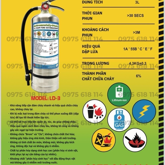 Bình chữa cháy Foam vỏ inox chữa cháy đám cháy dầu mỡ và Pin Lithium