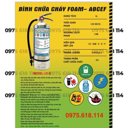 Bình chữa cháy Foam vỏ inox chữa cháy đám cháy dầu mỡ và Pin Lithium